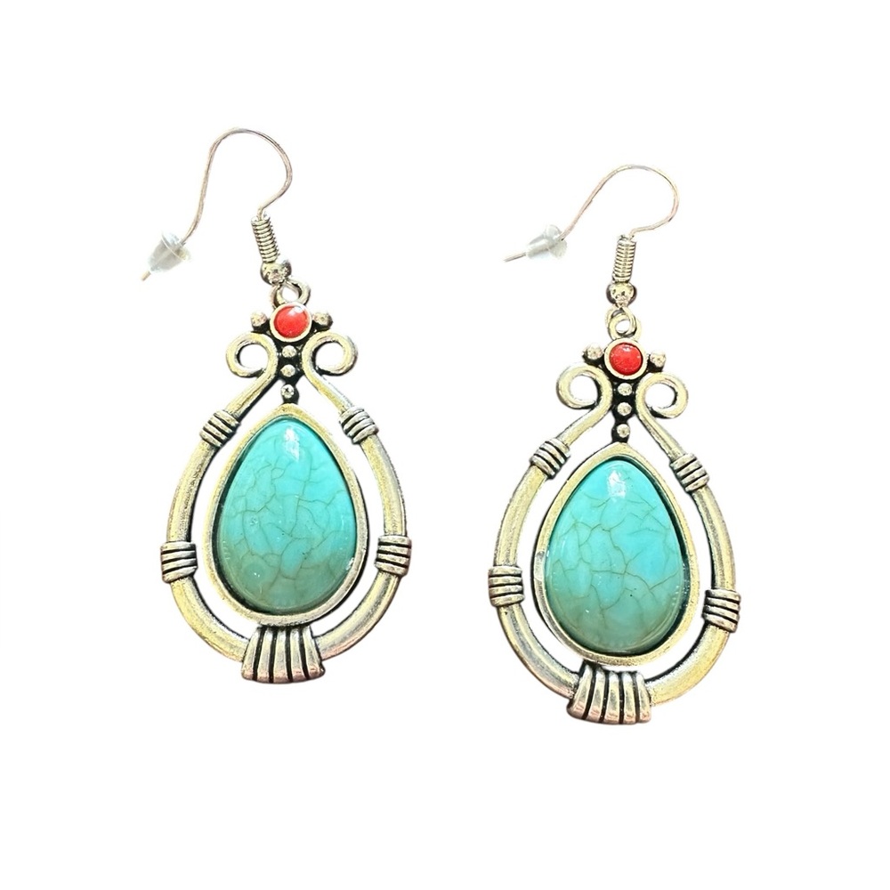Boho Native American Inspired Turquoise and Silver Embossed Drop Earrings